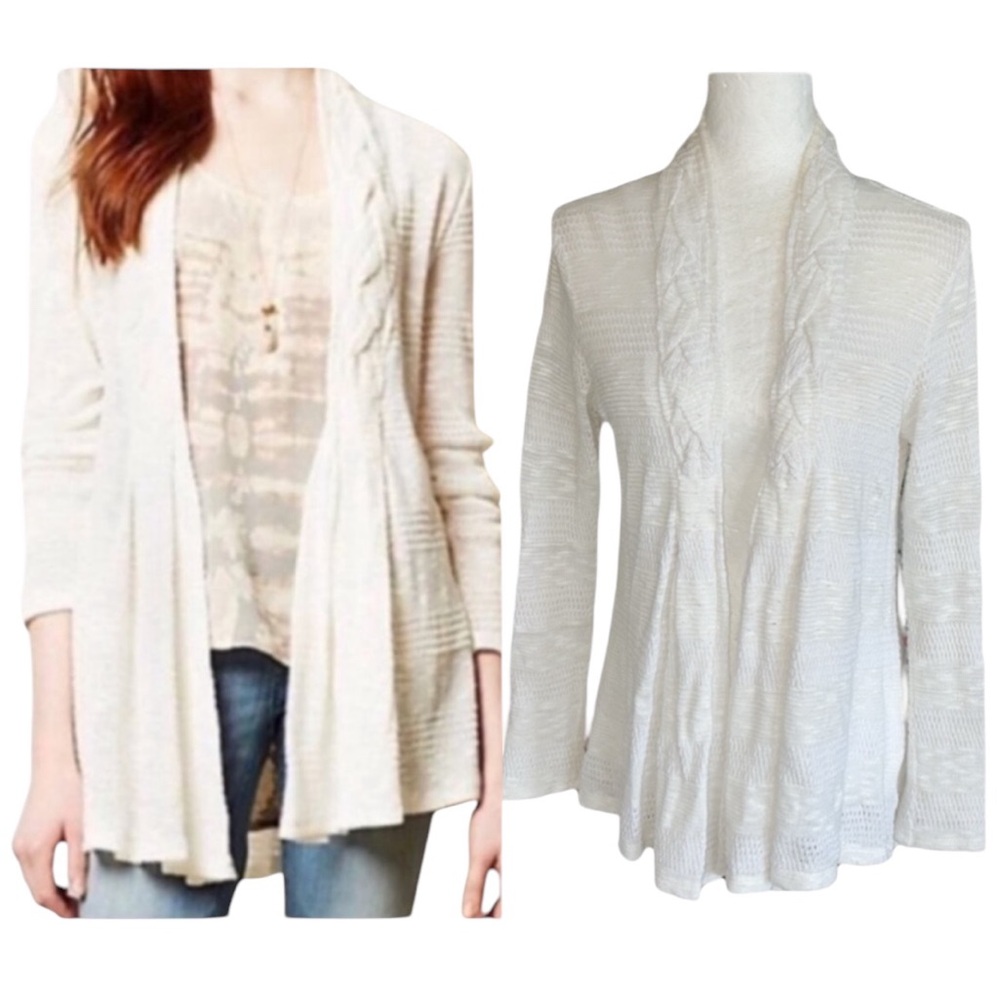Anthropologie One September White Cable Knit Stripe Open Front Knit Cardigan - M